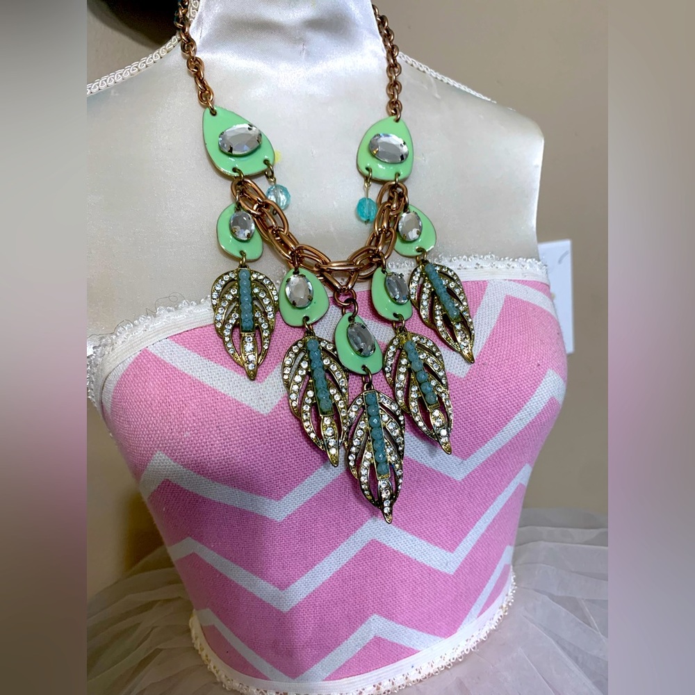 Green Rhinestone Leaf Necklace